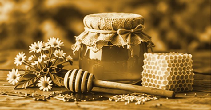Honigglas mit Honiglöffel und Wabe