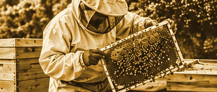 Imker hält eine Brutwabe mit Bienen