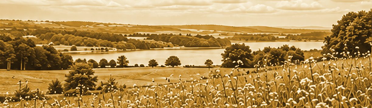 Landschaft mit See und Blumenwiese