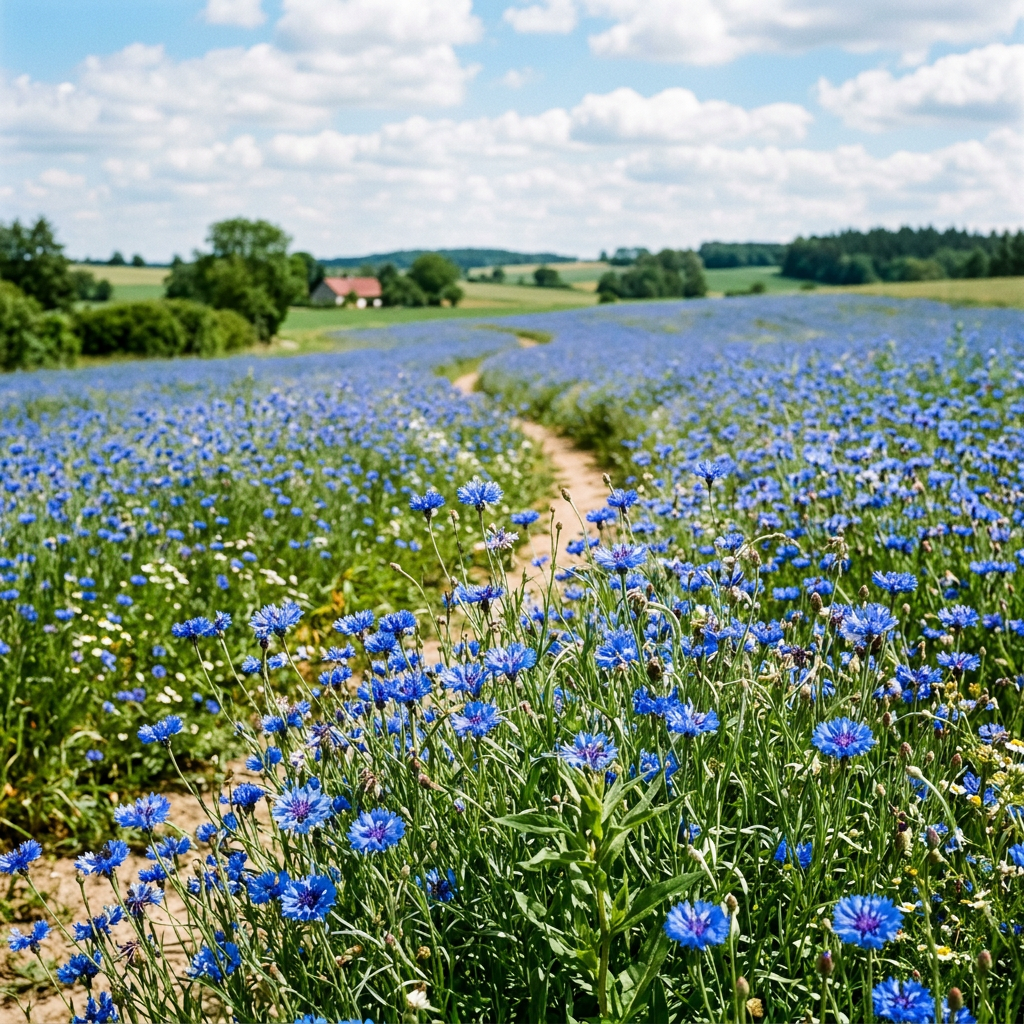 Winding path through a blue wildflower meadow near a rural farmhouse