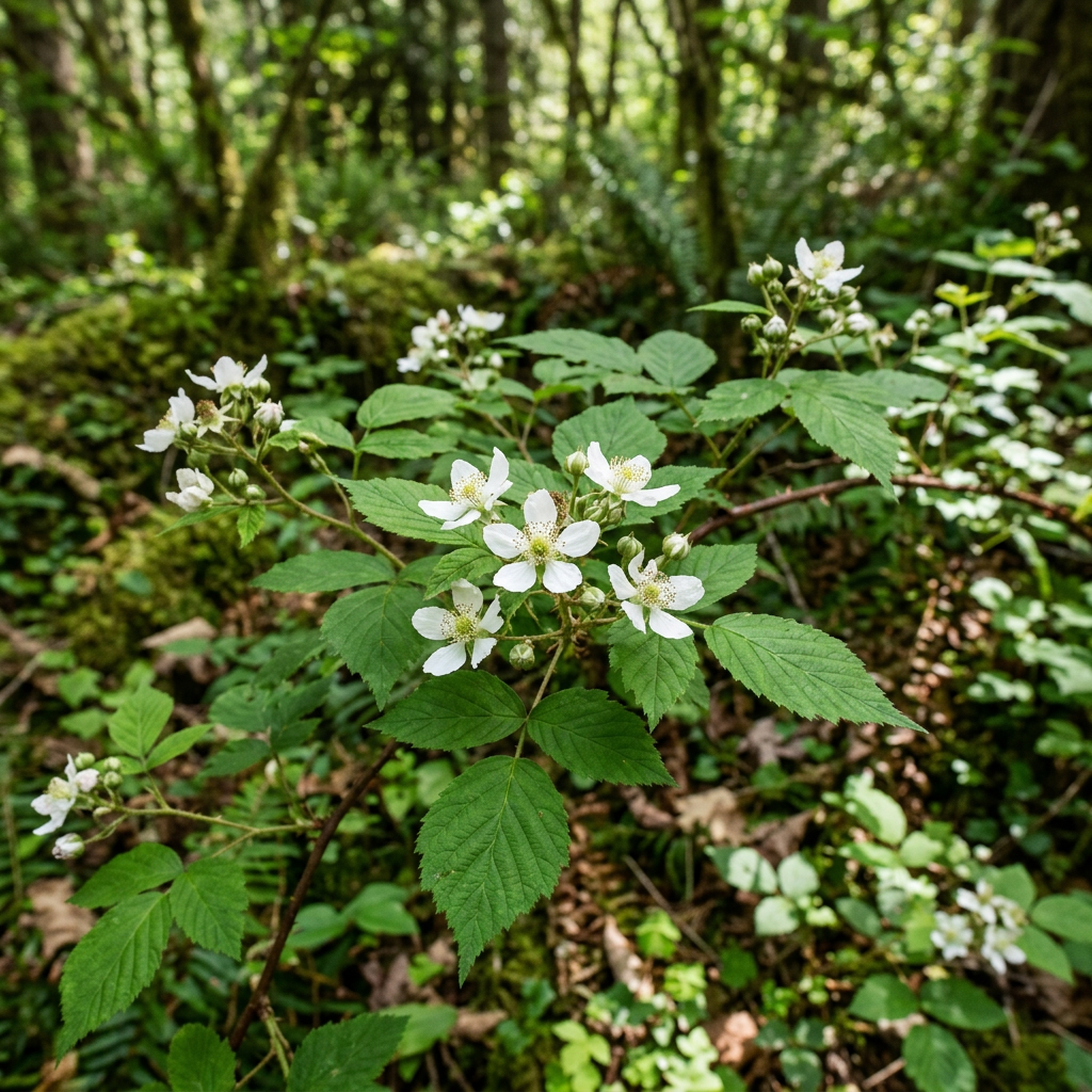 White blackberry blossoms and green leaves in a dense forest