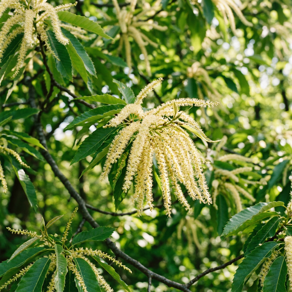 Creamy chestnut catkins hanging among green serrated leaves