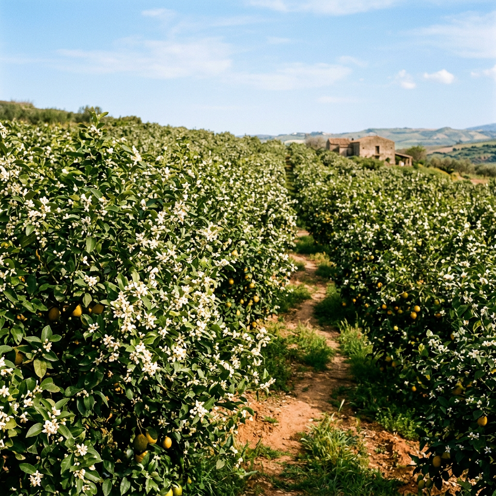 Flowering citrus orchard with a dirt path, farmhouse, and rolling hills