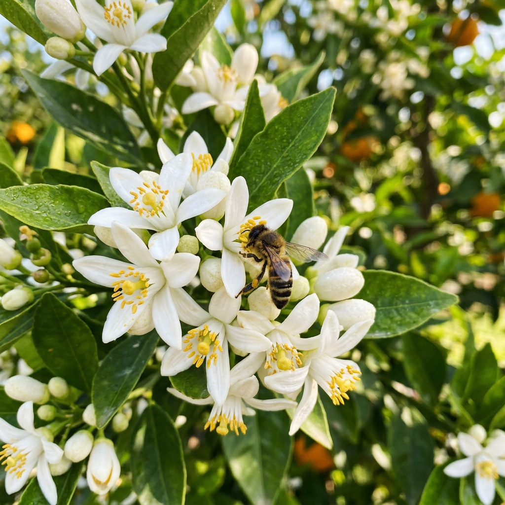 Honeybee collecting pollen from white citrus blossoms