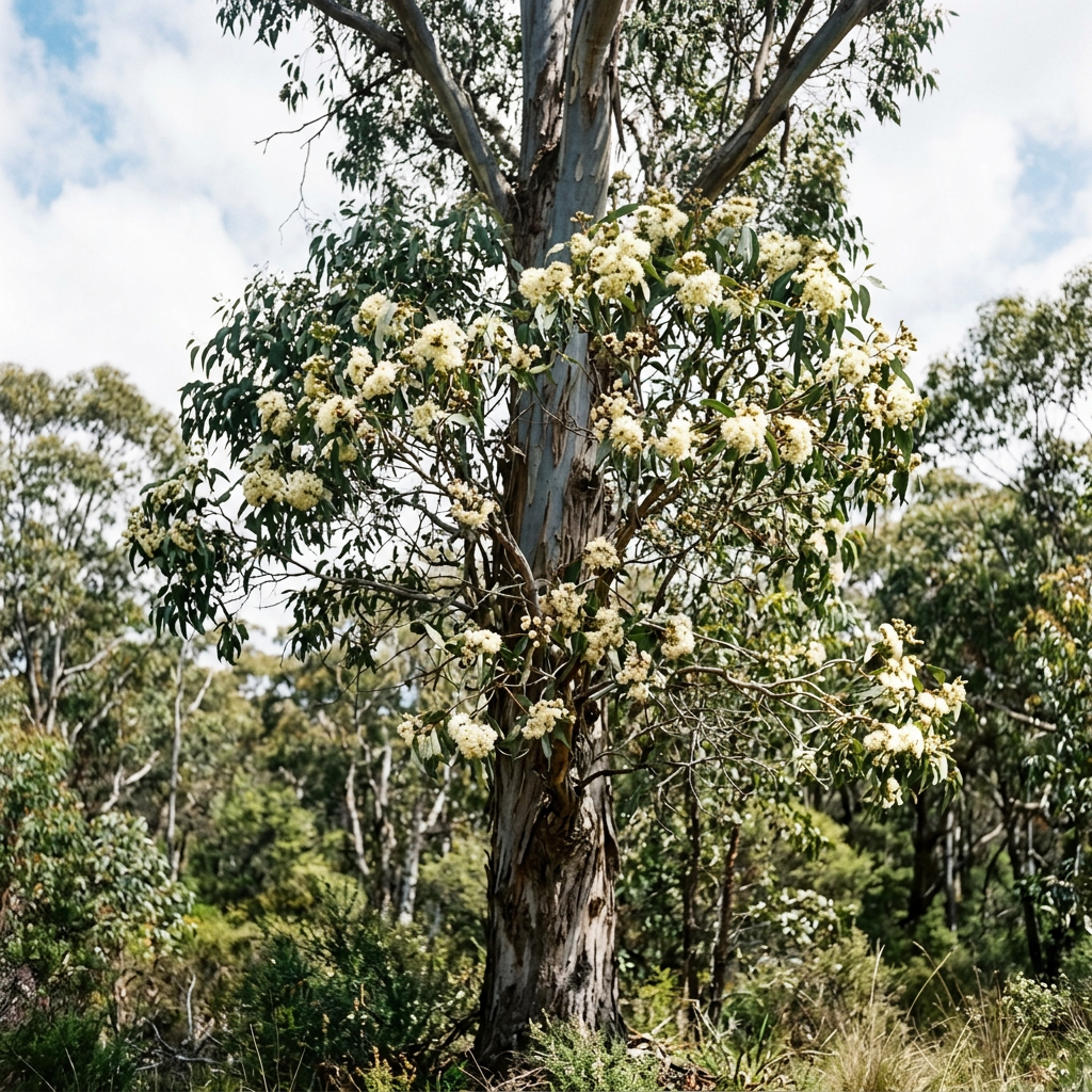 Flowering eucalyptus tree with cream-colored blossoms in woodland